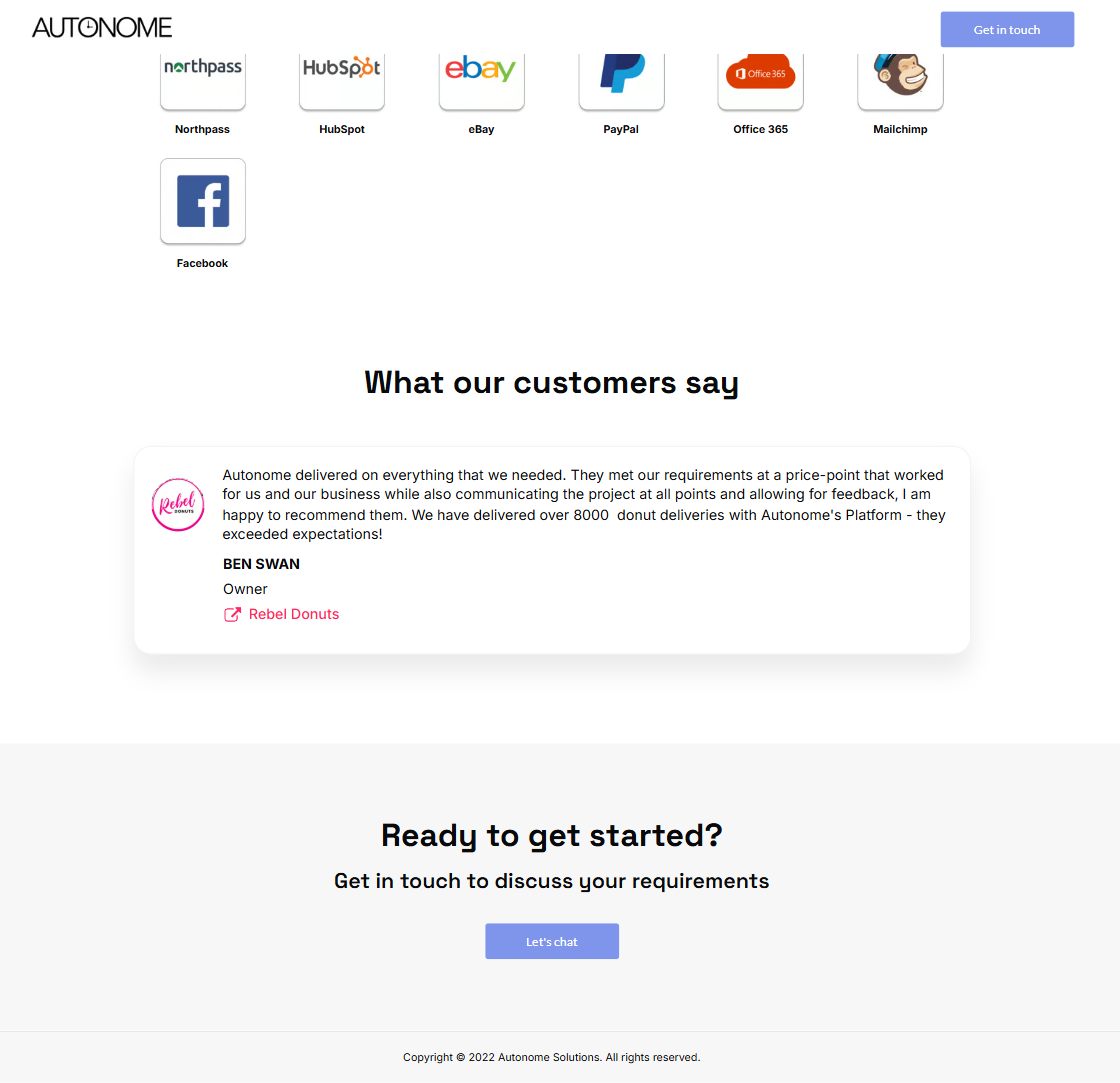 A customer quote from Ben Swan of Rebel Donuts, then Ready to get started? and a Let's chat button.