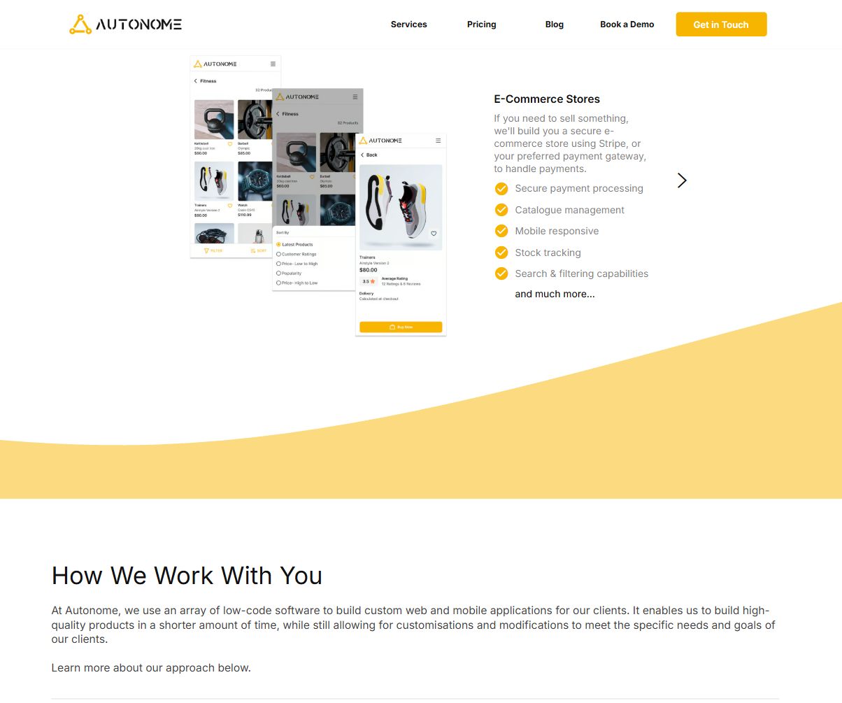 What We Do: phone screens from an e-commerce store beside a list of features, over a yellow wave, then How We Work With You.