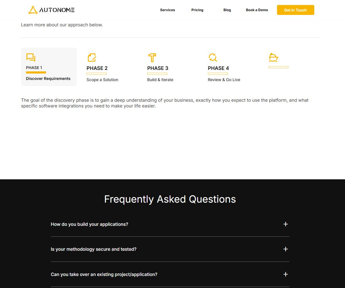 The four phases, Discover Requirements, Scope a Solution, Build & Iterate and Review & Go Live, then the start of the Frequently Asked Questions.