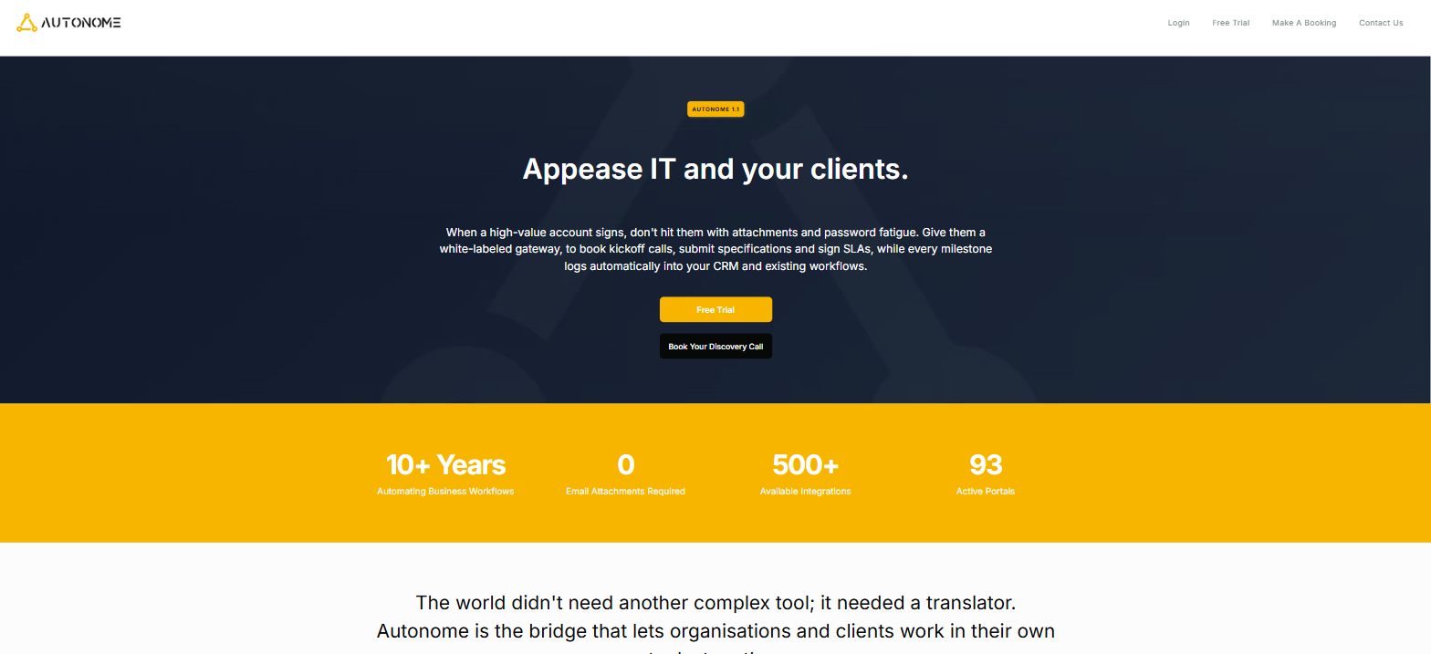 The Autonome 1.1 homepage: Appease IT and your clients, in white on navy, above a yellow band reading 10+ years, 0 email attachments, 500+ integrations and 93 active portals.