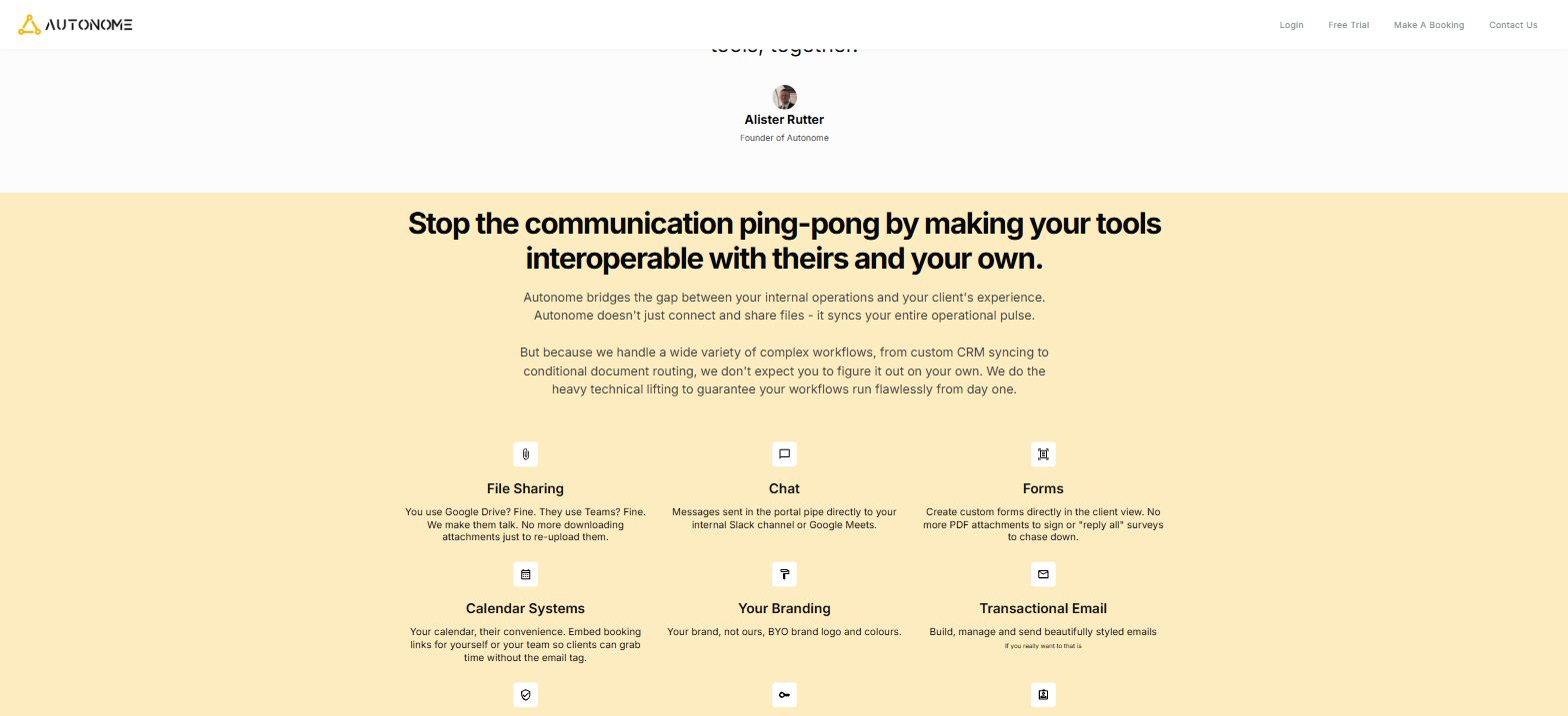 A quote from founder Alister Rutter, then Stop the communication ping-pong, with features for file sharing, chat, forms, calendars, branding and email.