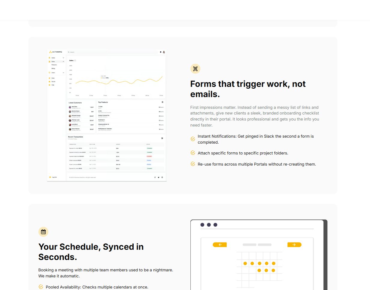 Forms that trigger work, not emails, beside a dashboard, then Your Schedule, Synced in Seconds beside a calendar.